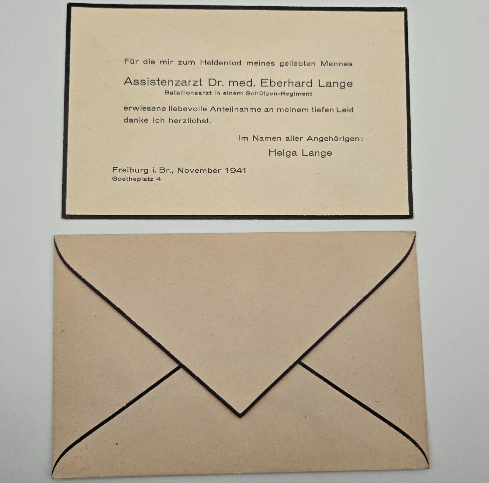Original 1941 WW2 German Mourning Card & Envelope – Assistenzarzt Dr. E. Lange