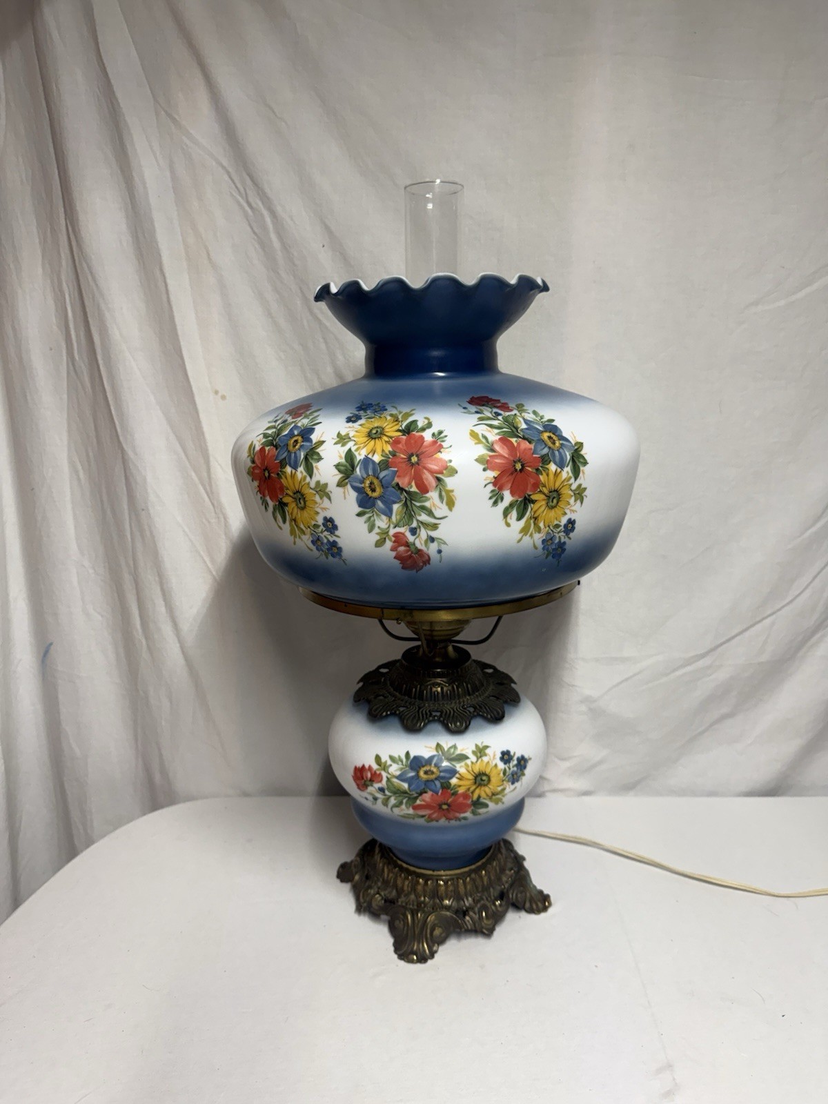 Vintage Hurricane Lamp Blue 27” Floral Brass Base 15” wide Top Globe 3 Way GWTW
