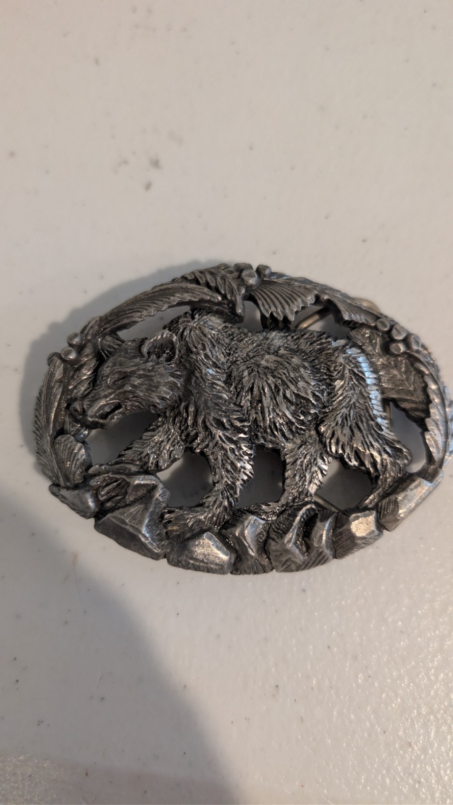 Vintage EJC 85 Bear Belt Buckle Laser Cut Pewter Western 1990s Wildlife Exc Cond