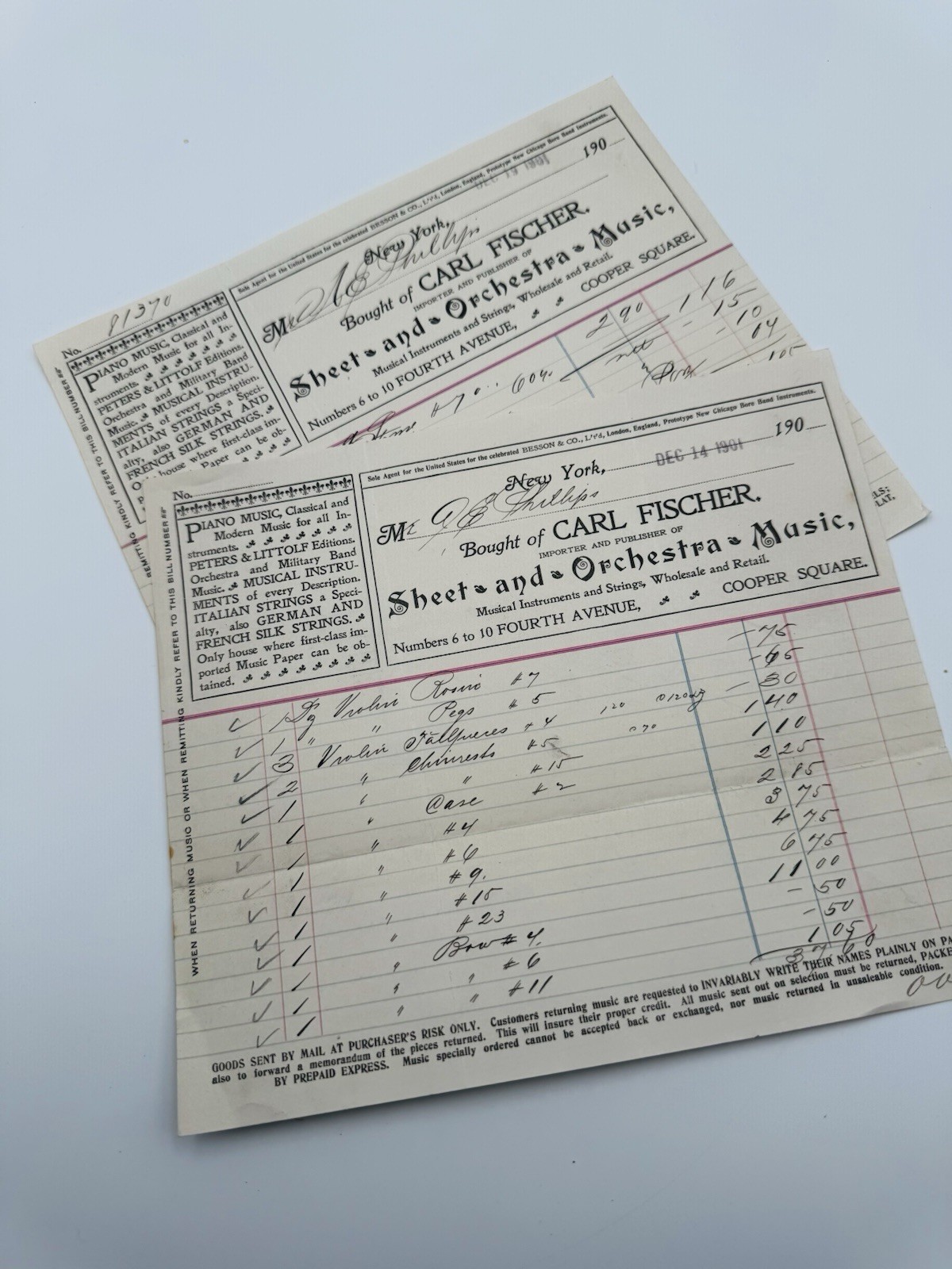 (2) 1900 New York Antique Billhead Musician Carl Fisher Invoice Musical Supplies (2) 1900 New York Antique Billhead Musician Carl Fisher Invoice Musical Supplies