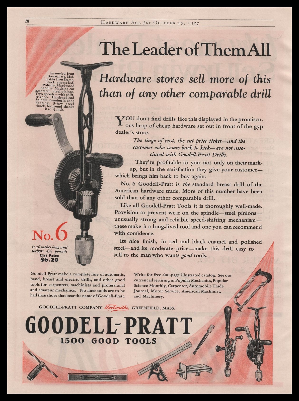1927 Goodell Pratt Greenfield Massachusetts No. 6 Breast Drills Vintage Print Ad