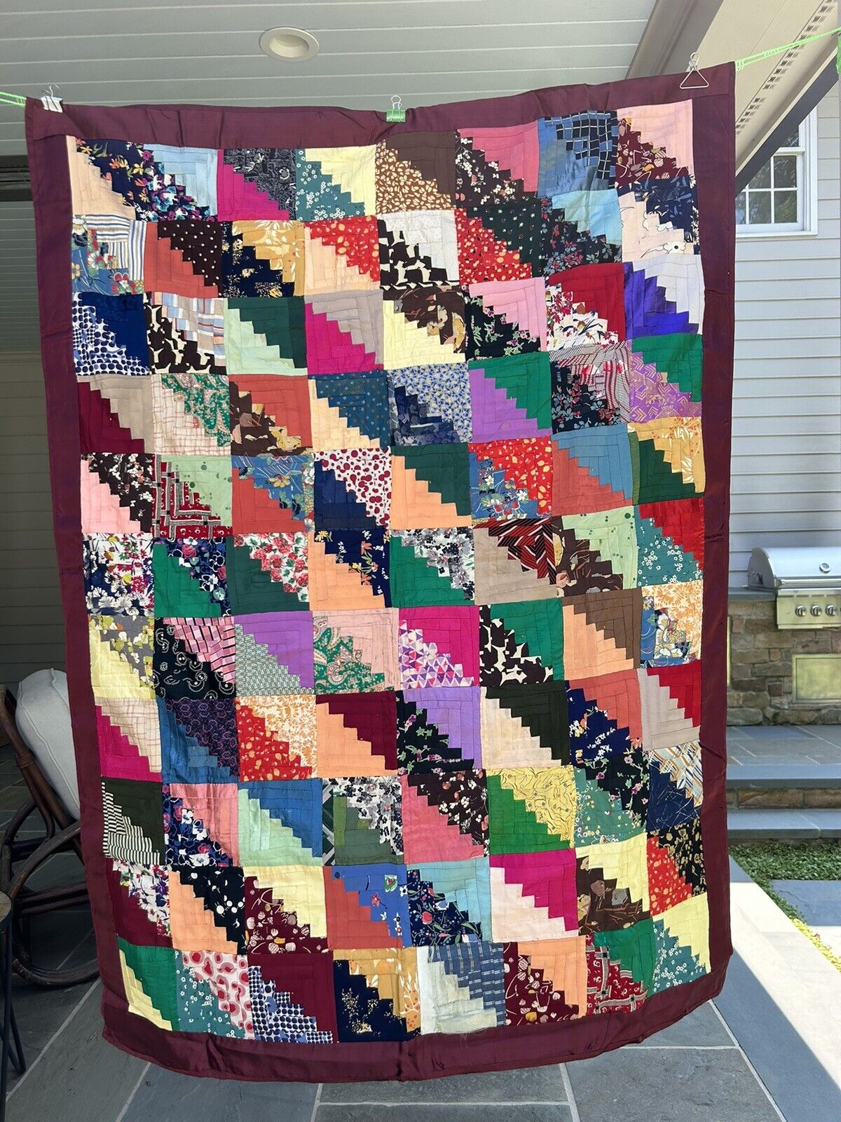 Antique Log Cabin In Rows Quilt Hand Pieced Hand Tied 1930s 40s Silk Rayon