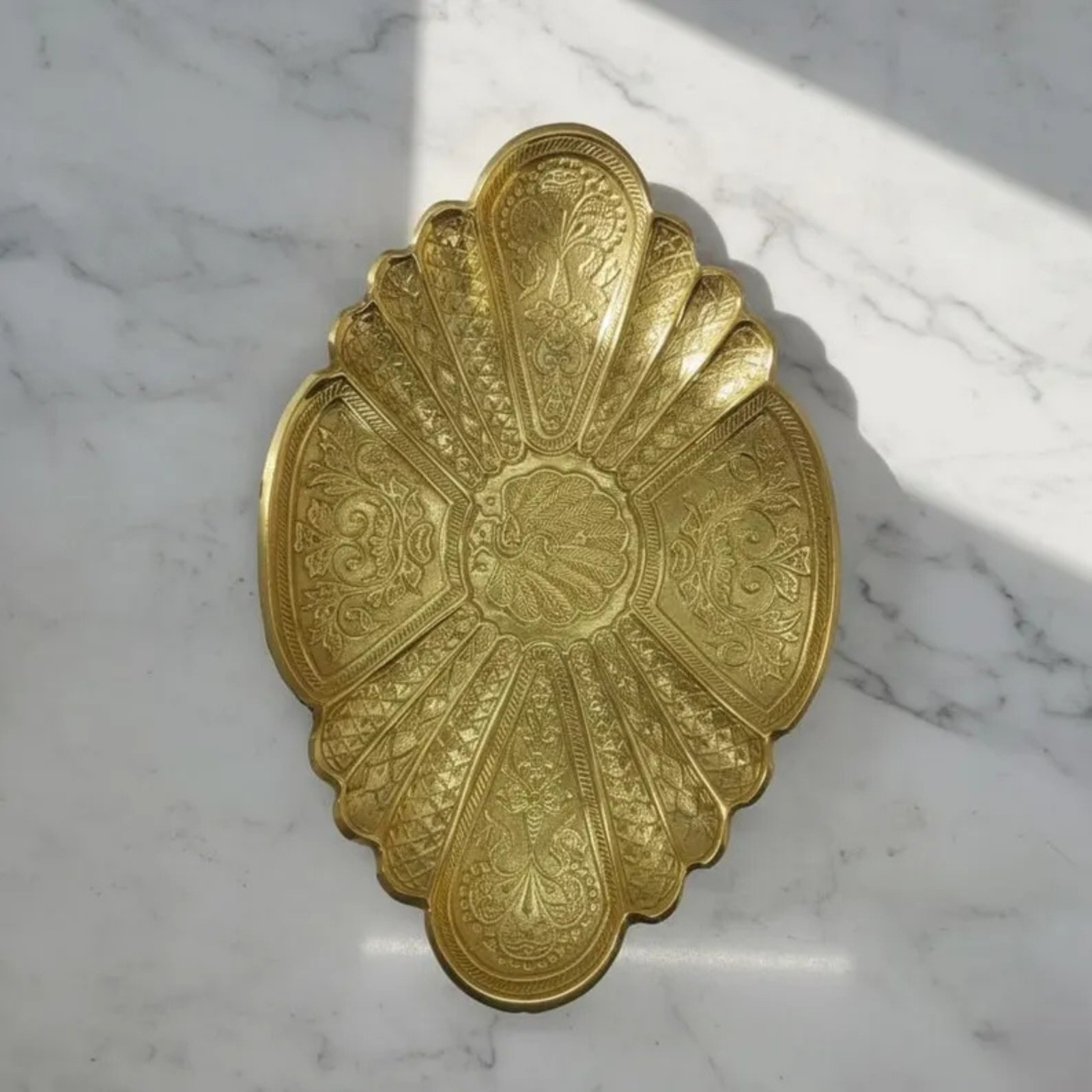 Handcrafted Antique Brass Floral Tray Engraved Jewelry Dish Vintage Pooja Decor