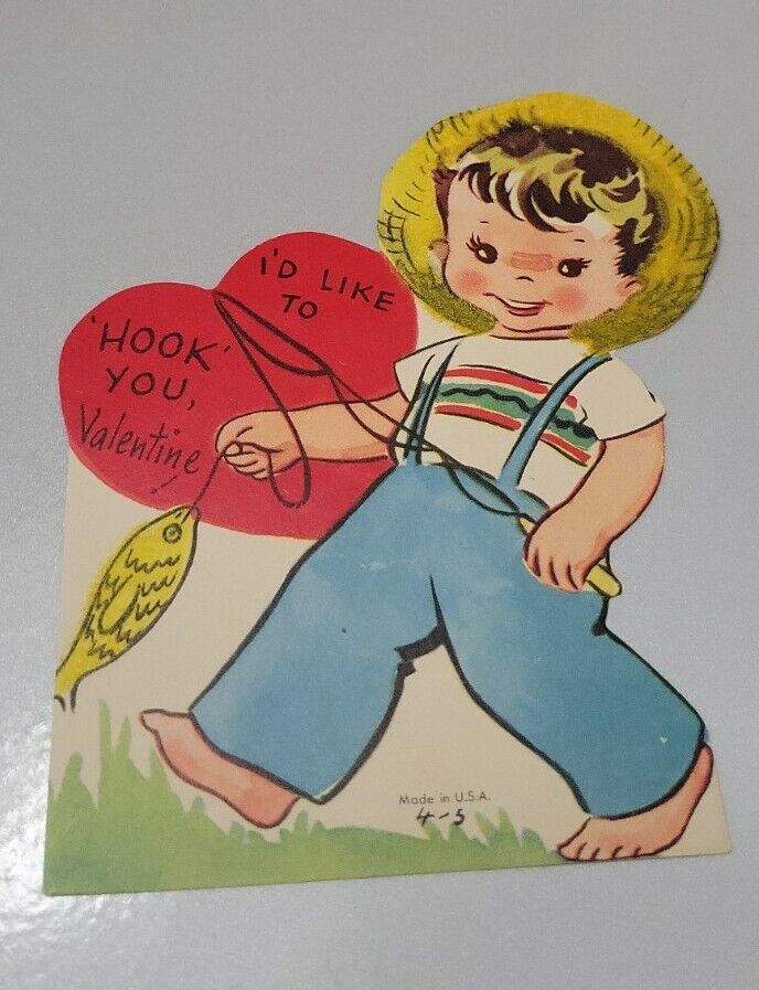 Vintage 1950\'s Valentine Card Die Cut Boy With Pole And Fish Flocked Ephemera 
