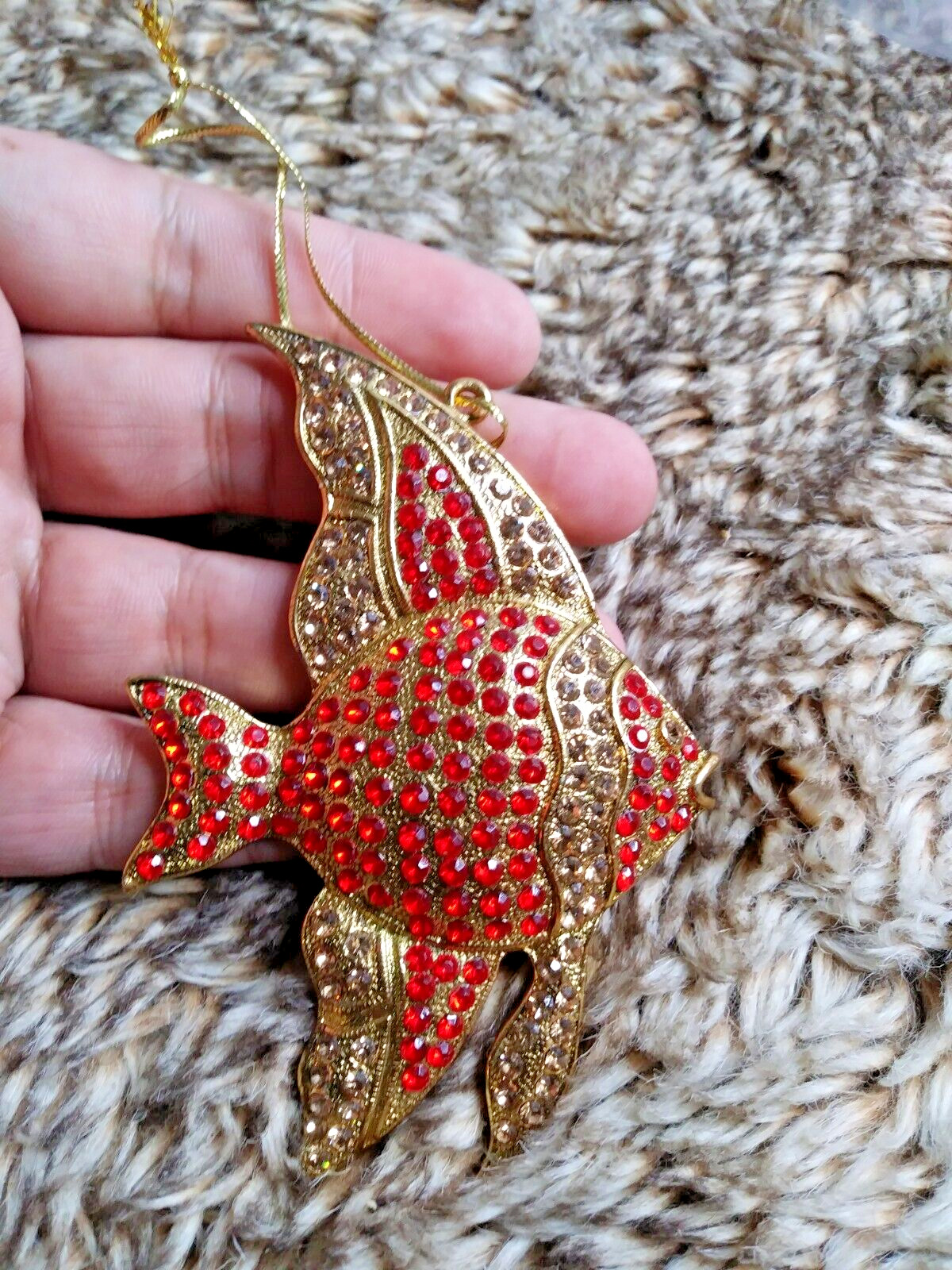 Tropical Angel Fish Jeweled Rhinestone Christmas Ornament  Gold Tone Metal