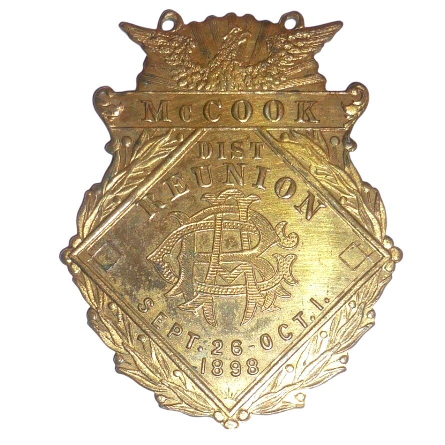 Antique 1898 McCook Dist Reunion Badge Eagle Crest Metal Medal Schwaab Milwaukee