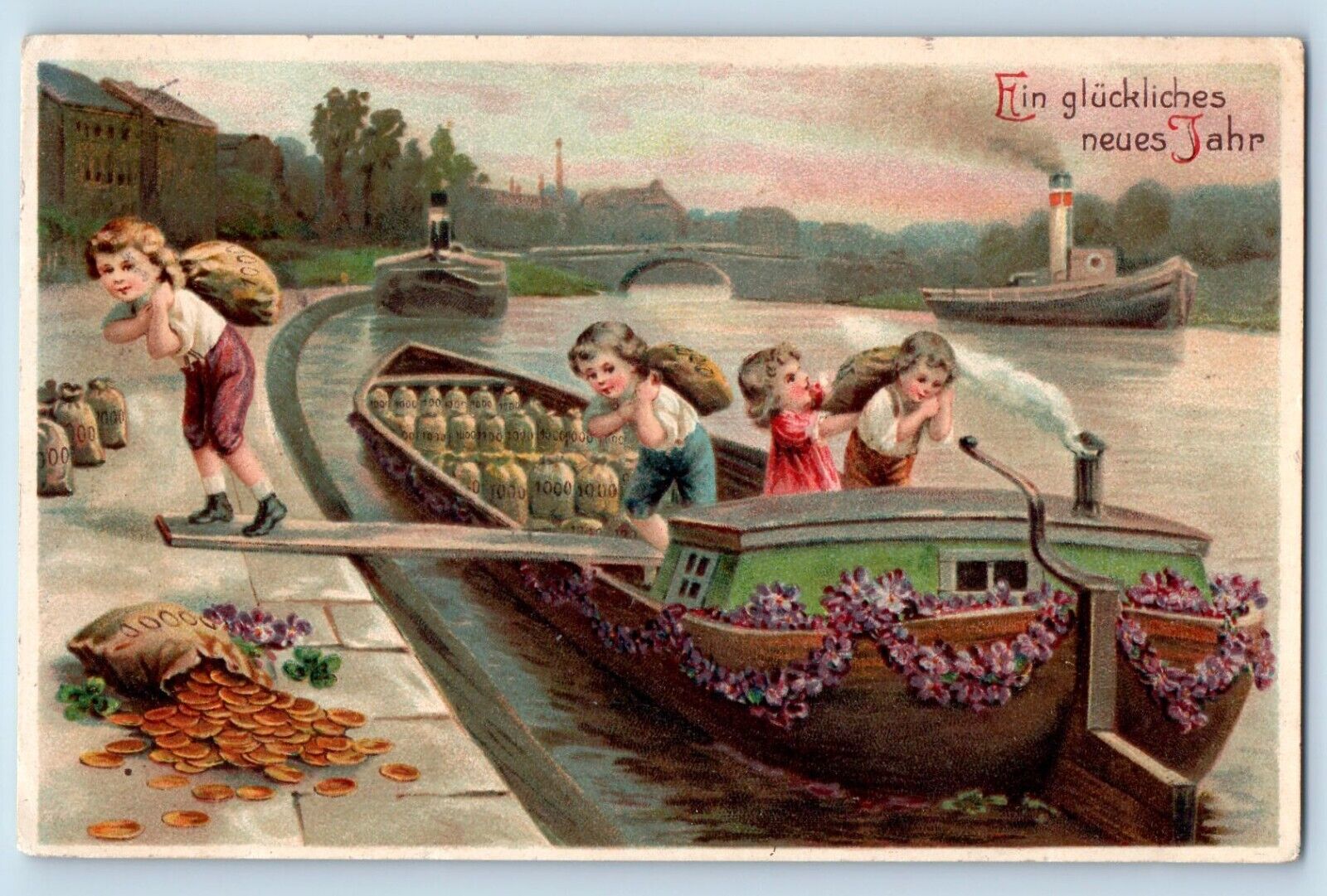 New Years Postcard Good Fortune Ship Childrens Carried Sack Of Coins c1910\'s