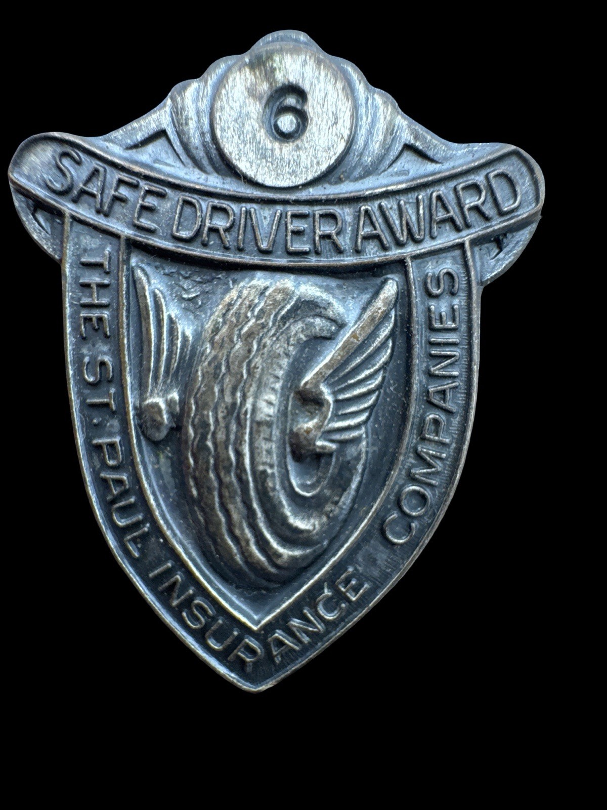 Vintage St Paul Insurance Safe Driver Award 6 Yr Screwback Badge Automobilia