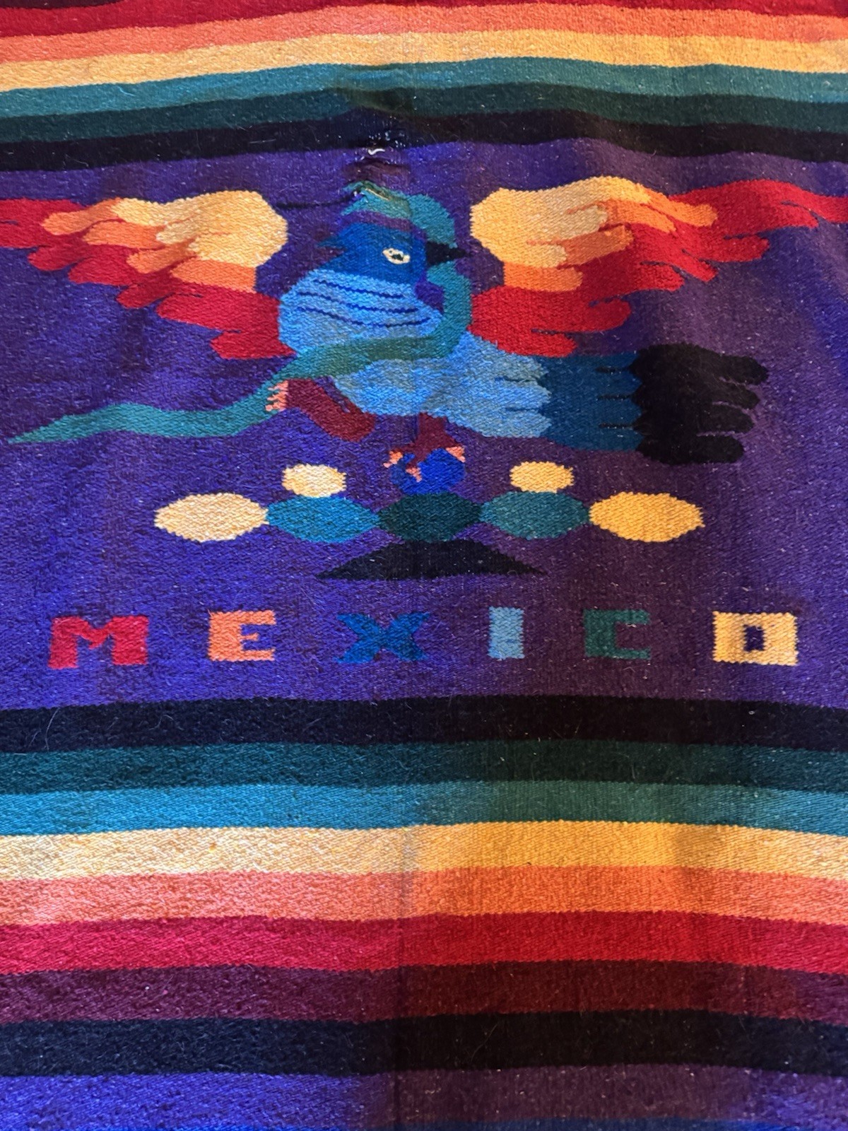 Vintage Mexican Woven Blanket Thunderbird Bright Colors Fringe