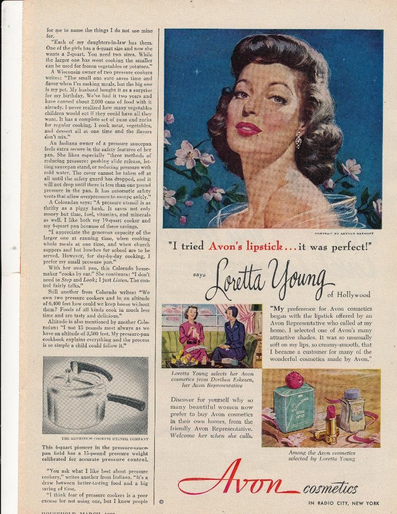 Magazine Ad - 1950 - Avon Cosmetics - Loretta Young