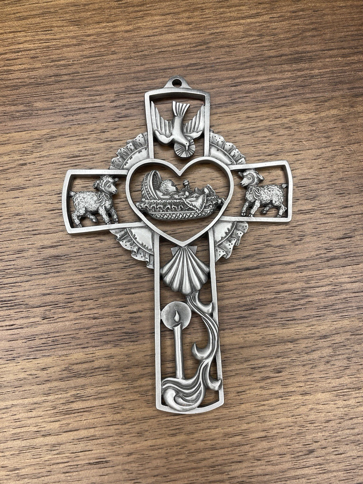 JCC Fine Pewter Baby Baptism Christening Wall Cross Signed 2000 Baptism Symbols