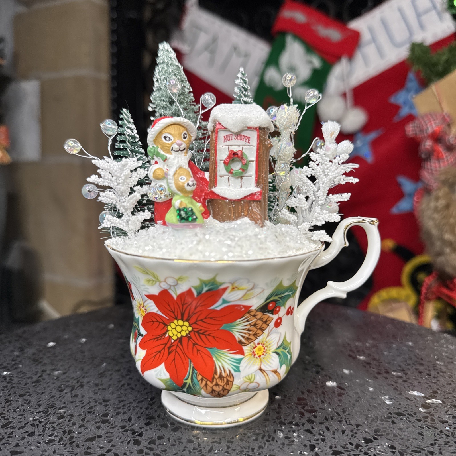 VTG OOAK Porcelain Christmas Teacup Of Cheer Shopping Squirrels Scene Diorama