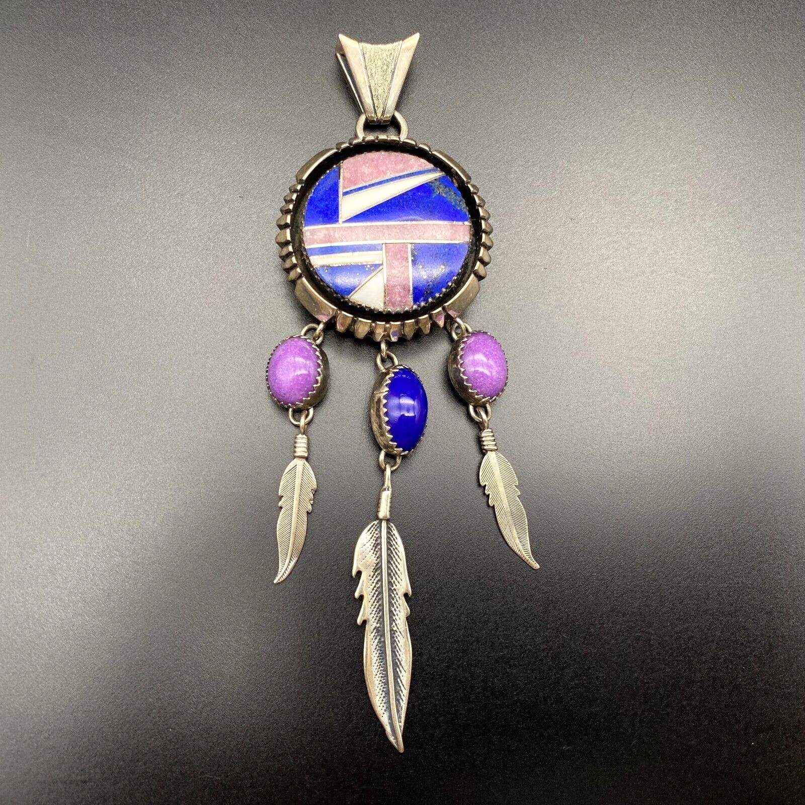 Vintage Navajo L Bruce Hodgins Lapis Sugilite Feather Sterling Silver Pendant