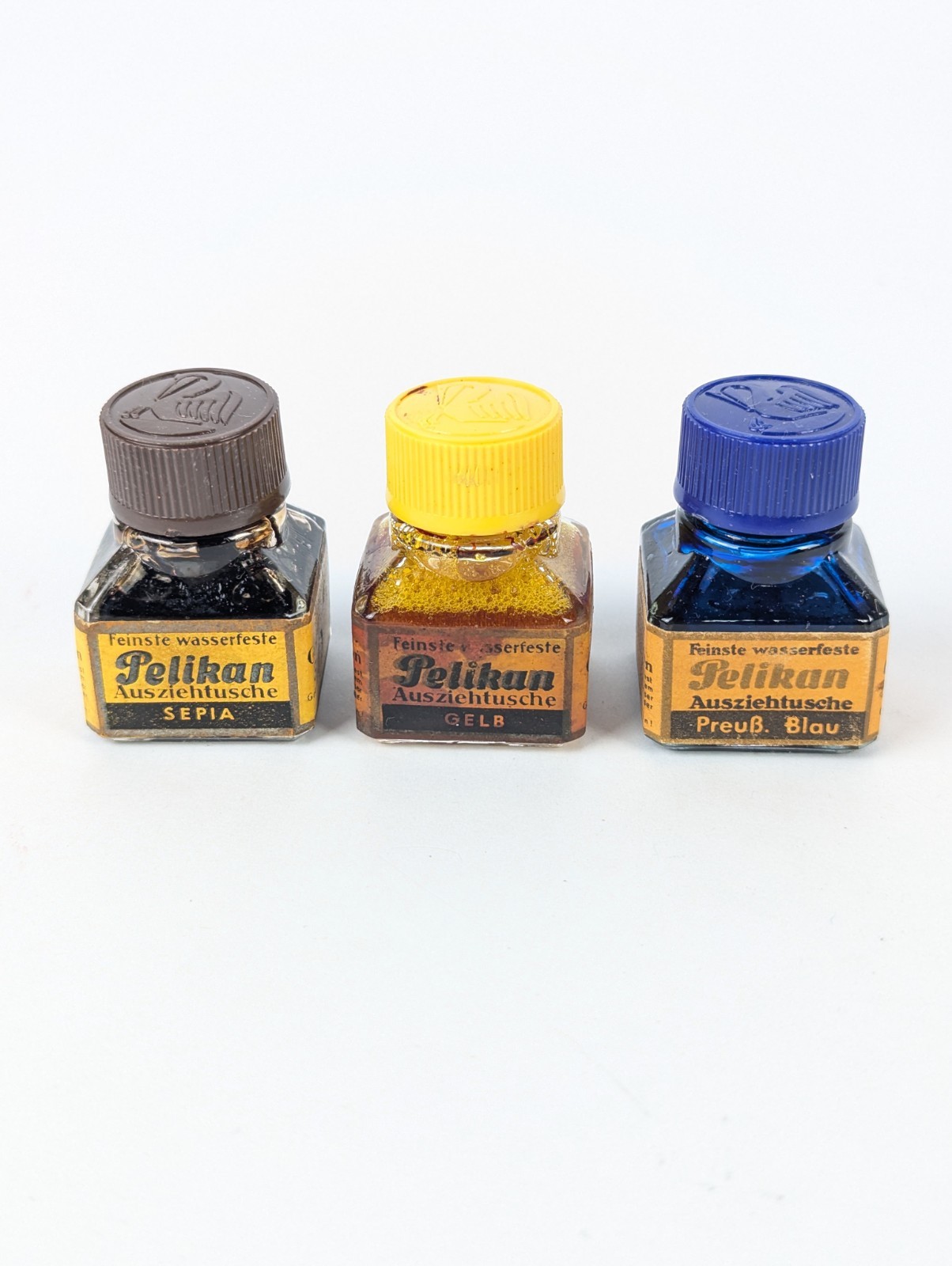 Antique Pelikan Fountain Pen Ink 3 Bottles Sepia Prussian Blue Yellow 1930s RARE