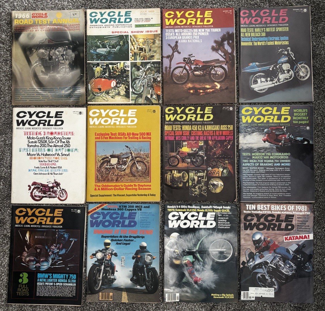 12 Vintage Cycle World Magazines 1966-81 Illustrated Motorcycle Articles & Ads