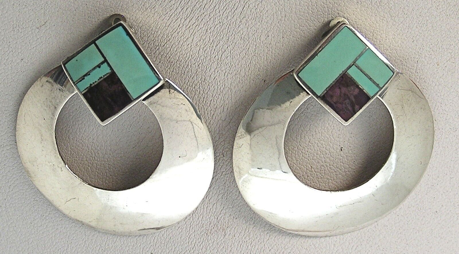 Ray Tracey Knifewing Open Center Disk Earrings w/Sq. Inlay Turquoise & Sugilite