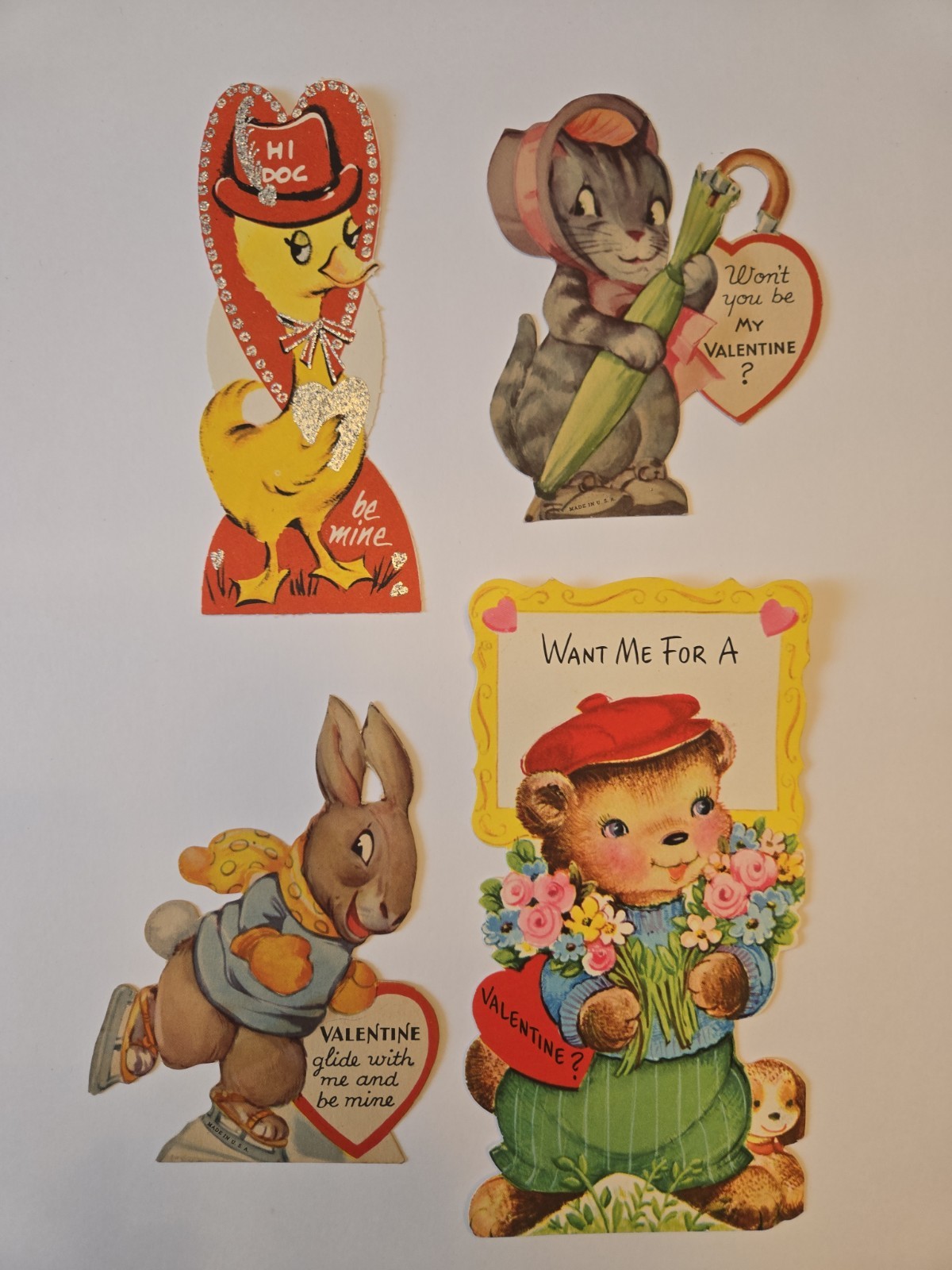 Lot Of 4 Vintage Animals Valentines MCM 1950s Cat, Duck, Rabbit, Bear