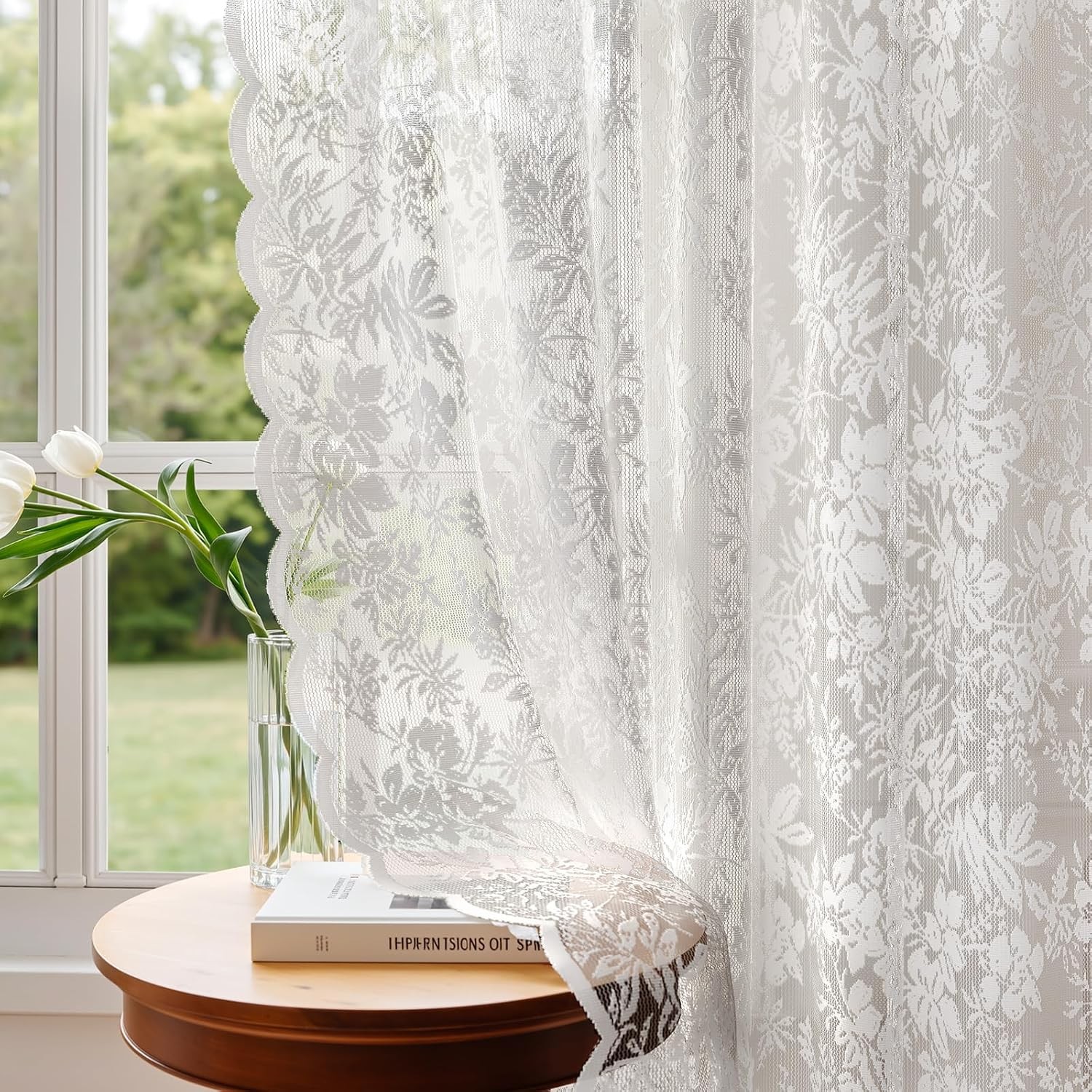 Vintage Floral Lace Sheer Curtains 84 Inches Long 2 Panels Victorian Ivory, S...
