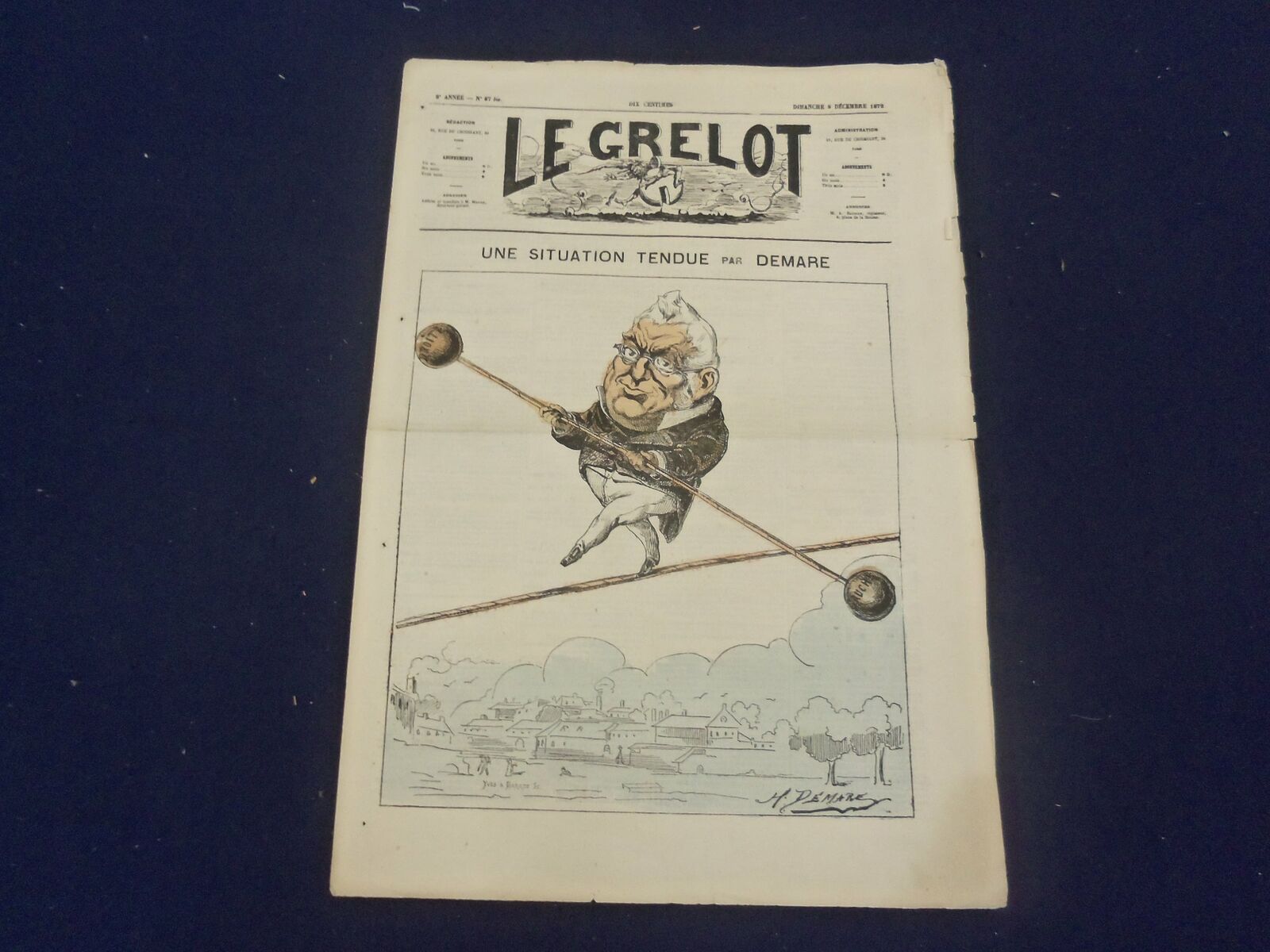 1872 DEC 8 LE GRELOT NEWSPAPER - UNE SITUATION, PAR DEMARE - FRENCH - FR 2811