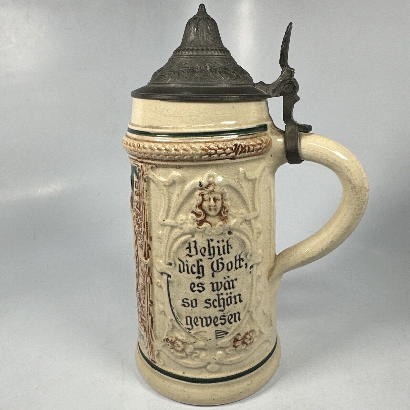Antique German Beer Stein 19thc Stoneware Tankard Vessle Trompeter Von Sackingen