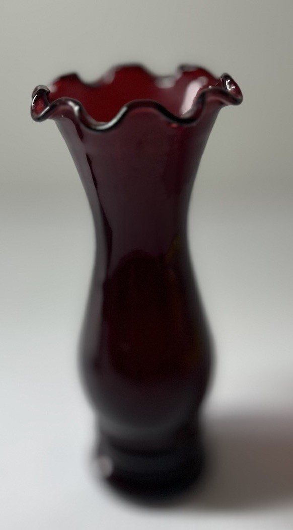 Vintage MCM Anchor Hocking Royal Ruby Red Glass Bud Vase Ruffled Top 6” SALE