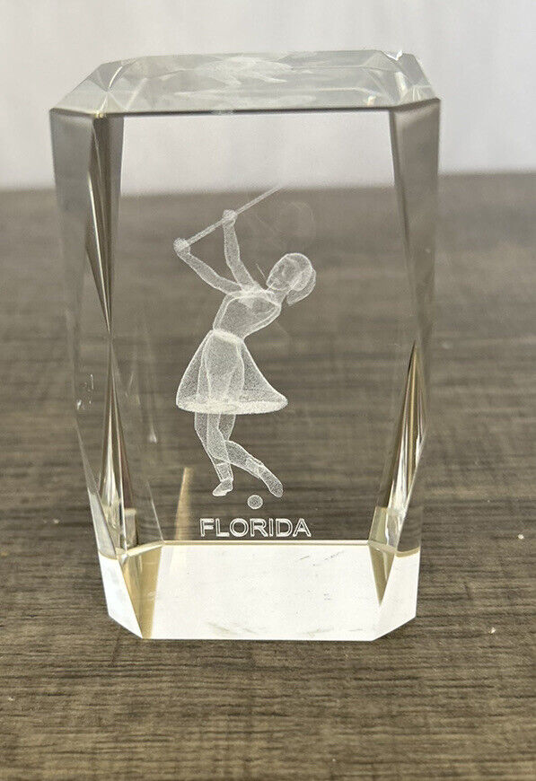 Women Golfer Collectible Crystal 3D Laser Etched Art Glass Paperweight 2”x2”x3”