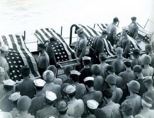 WWII B&W Photo US Navy Burial At Sea Leyte Gulf  World War Two WW2 USN  / 1269A