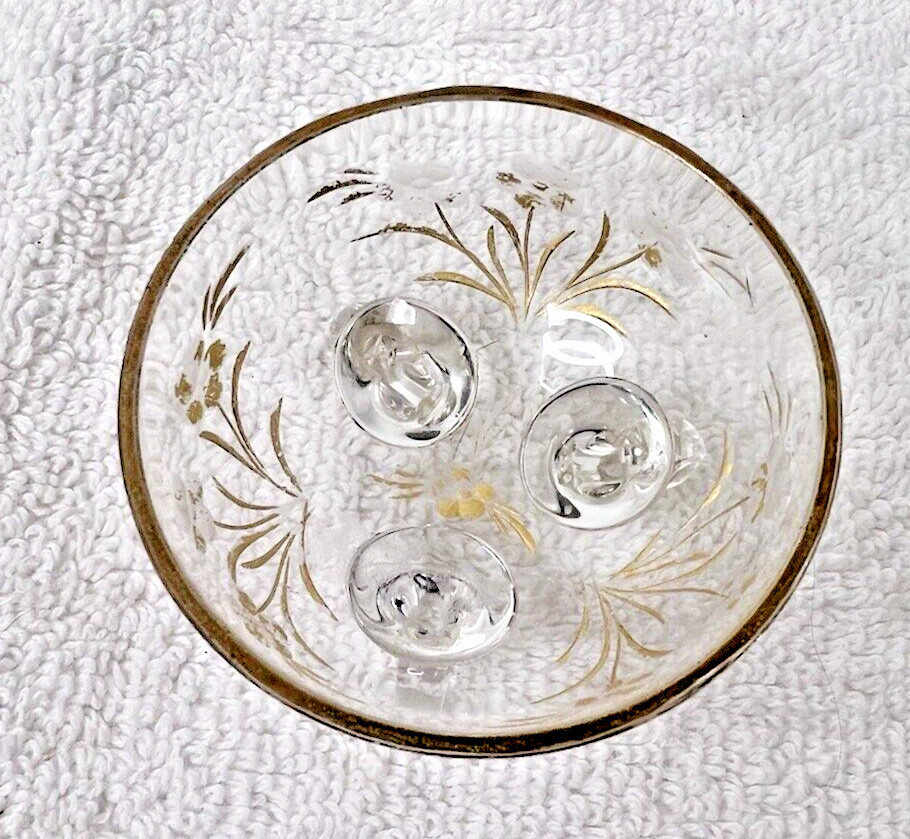 Elegant OLD Crystal Open Salt Dip Etched w Flowers Highlighted in GOLD 3 Footed
