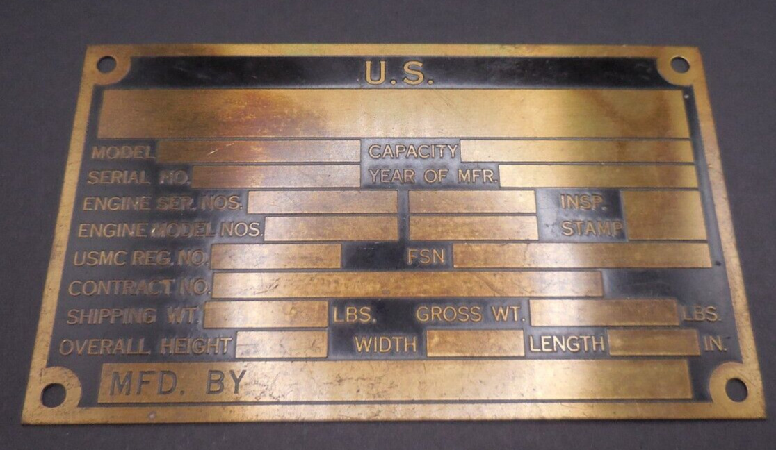 Vintage U.S. Military Brass Plate U.S.M.C. Tag USA RARE UNMARKED 6\