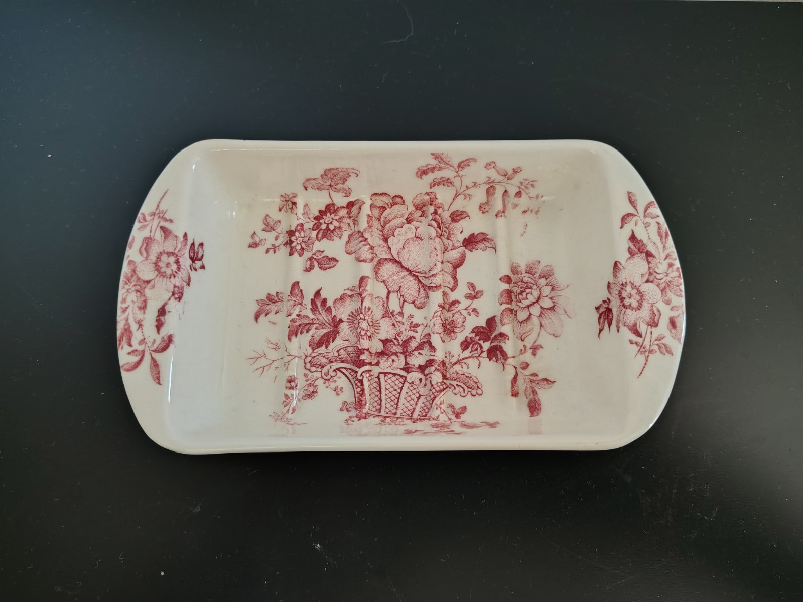 Vintage ROYAL CROWNFORD CHARLOTTE SOAP DISH ENGLAND RED TRANSFERWARE PINK