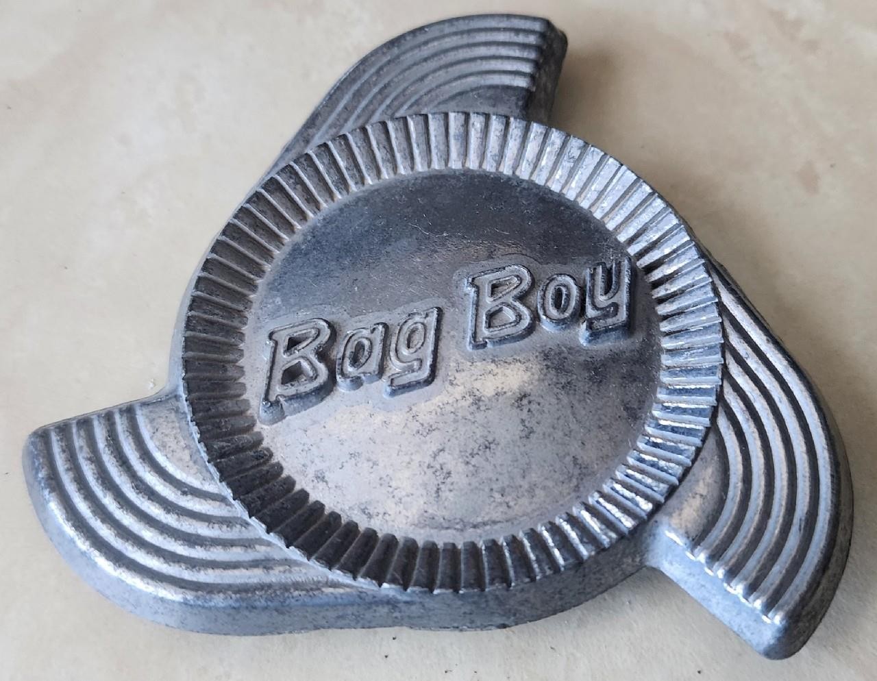 VINTAGE  BAD BOY GOLF CART CLUB BALLS CADDY METAL ADVERTISING EMBLEM TAG BADGE