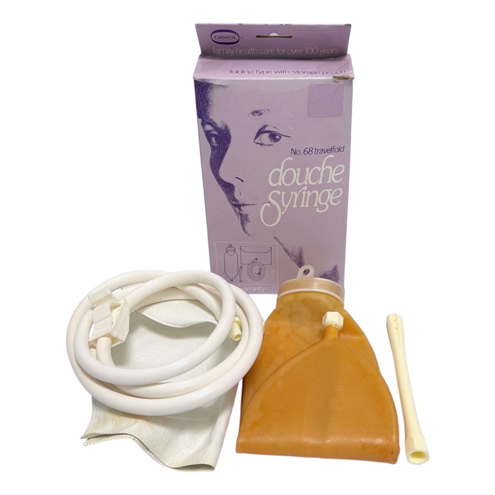 Vintage Davol No. 68 Travelfold Folding Douche Syringe Latex Travel Purse READ