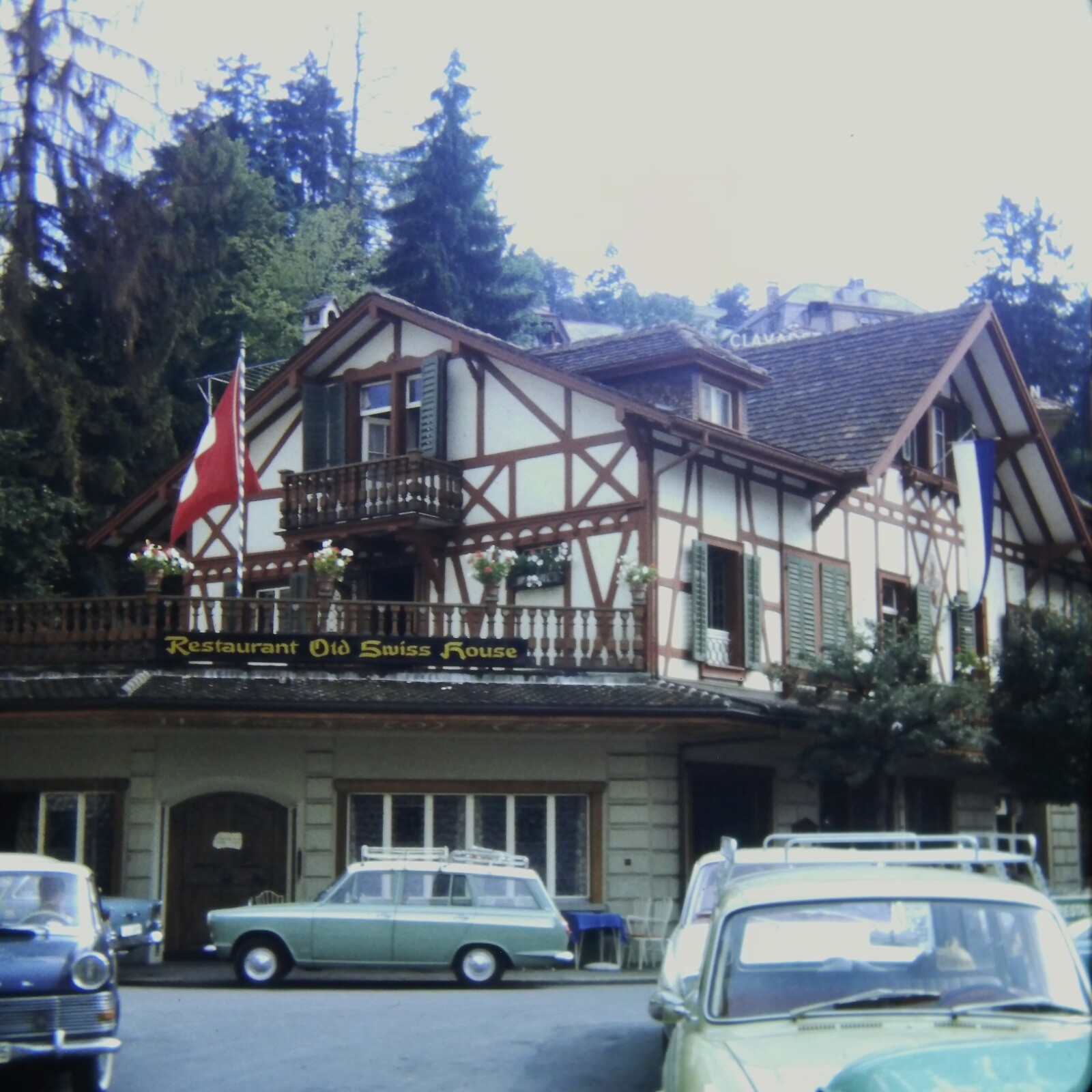 Vintage 126mm Photo Slide Restaurant Old Swiss House Auto Cars Switzerland 1960s