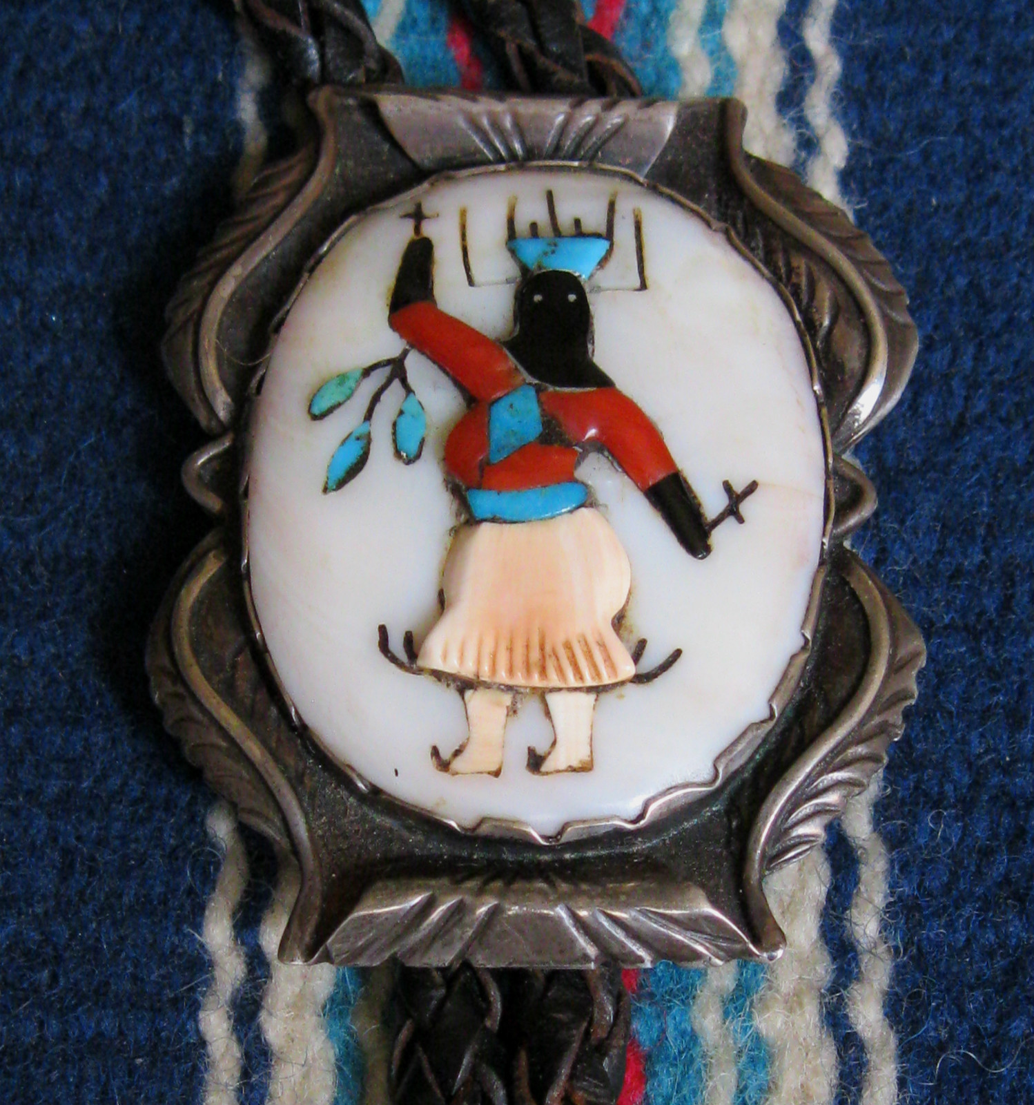 Zuni attr. CHESTER MAHOOTY Apache Gahn Dancer Bolo Mosaic Inlay \