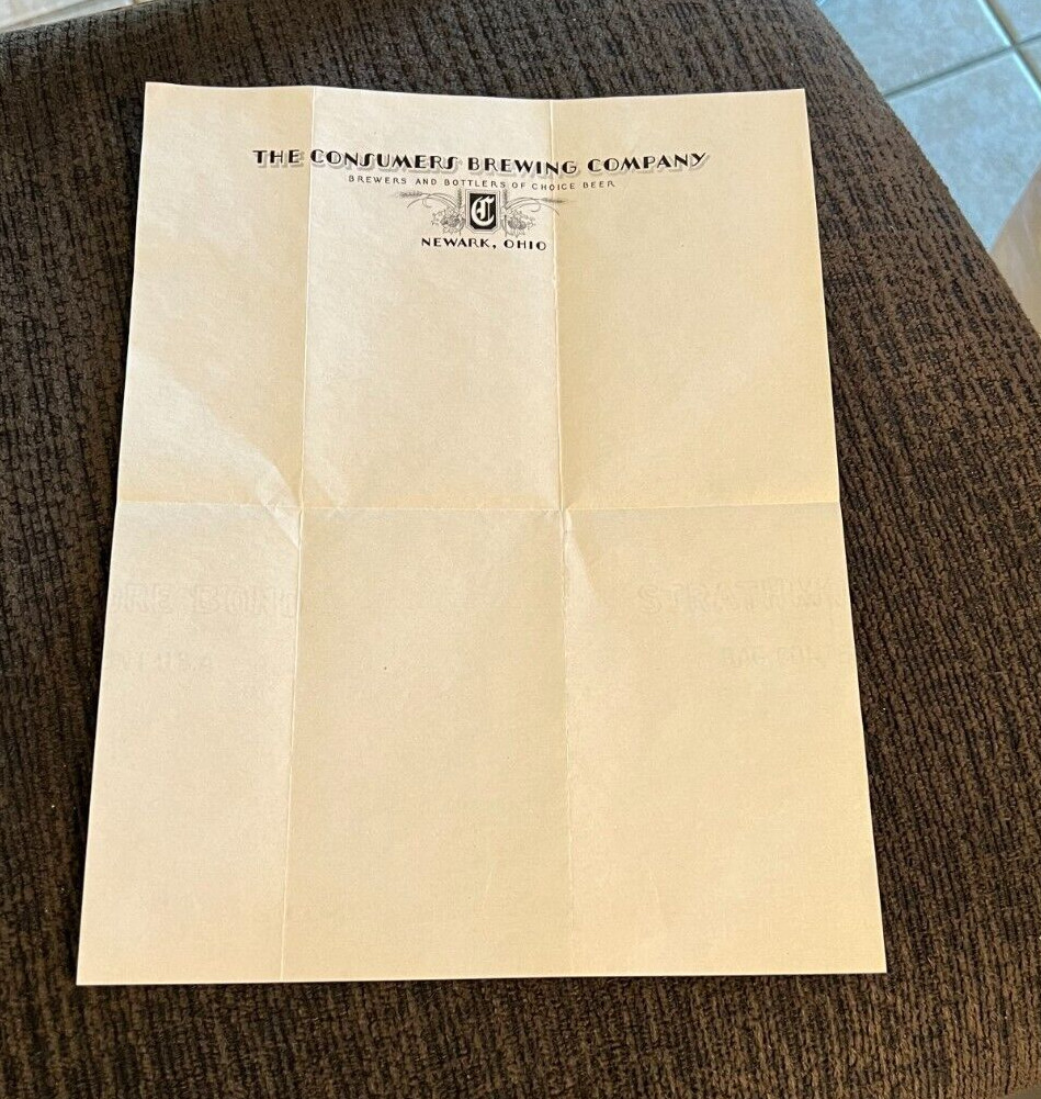 RARE ORIGINAL THE CONSUMERS BEER - BREWING CO  PAPER LETTERHEAD NEWARK OH OHIO