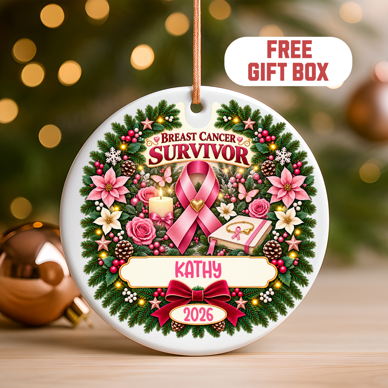 Personalized Breast Cancer Survivor Ornament Custom Name & Year Christmas Gift