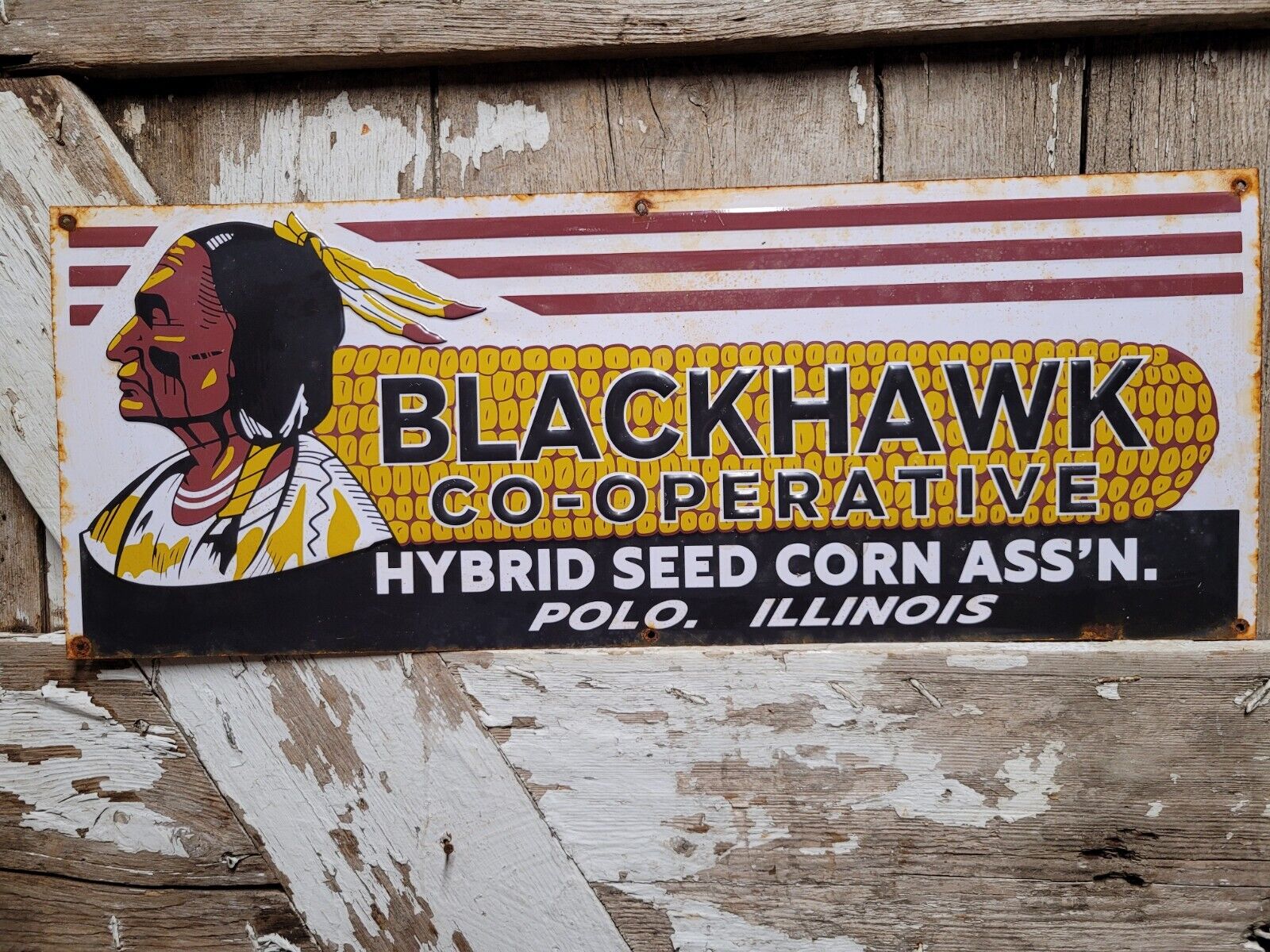 VINTAGE BLACKHAWK SIGN TIN TACKER FARM HYBRID SEED ASSOCIATION CORN FARMING BARN