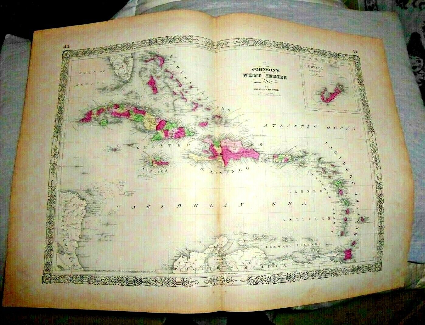 ANTIQUE LOVELY COLORED LARGE MAP WEST INDIES CUBA JAMAICA CARIBBEE BERMUDA 1864