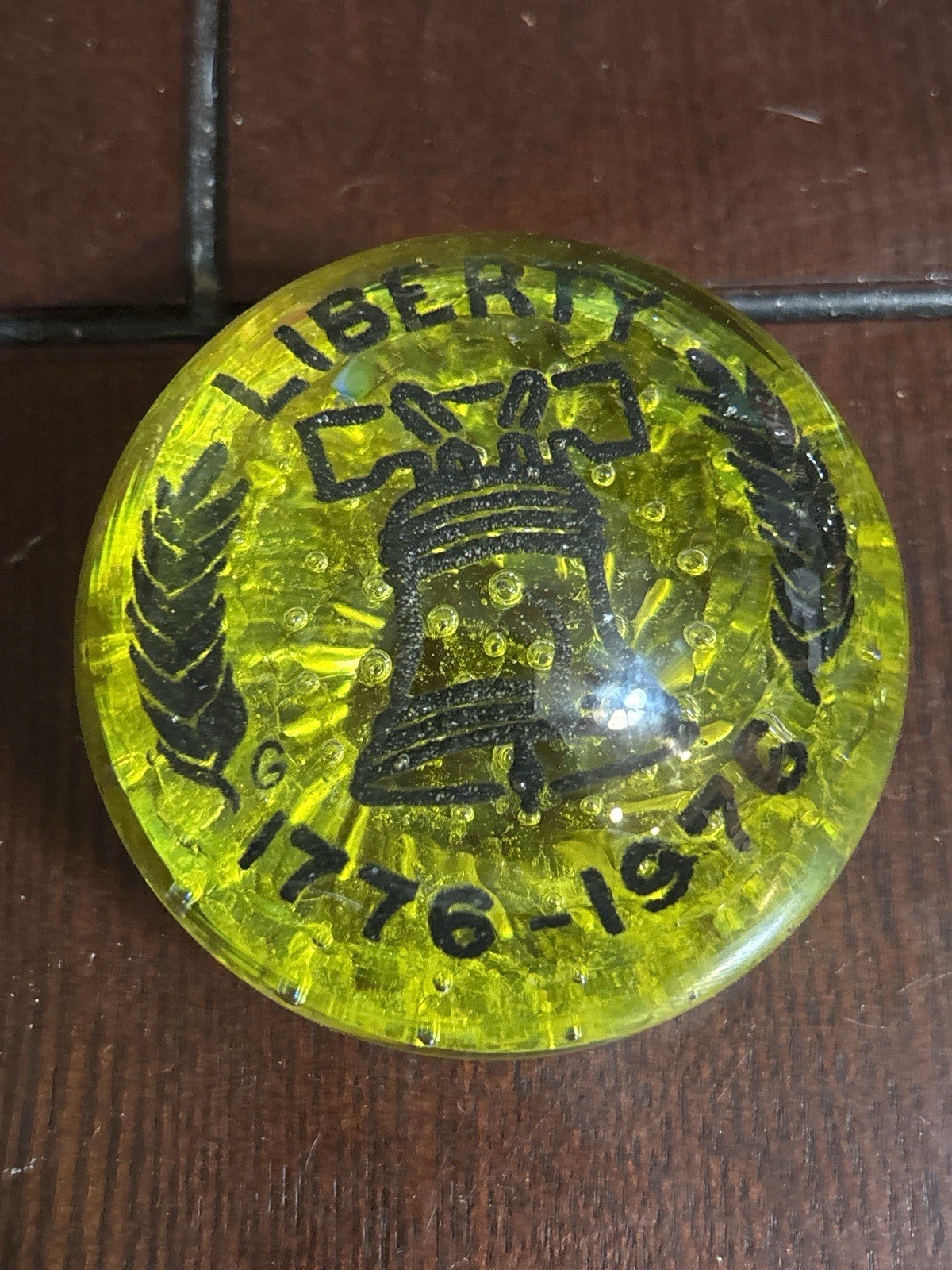 Vintage 1776-1976 Liberty Bell Bicentennial Paperweight Yellow Glass