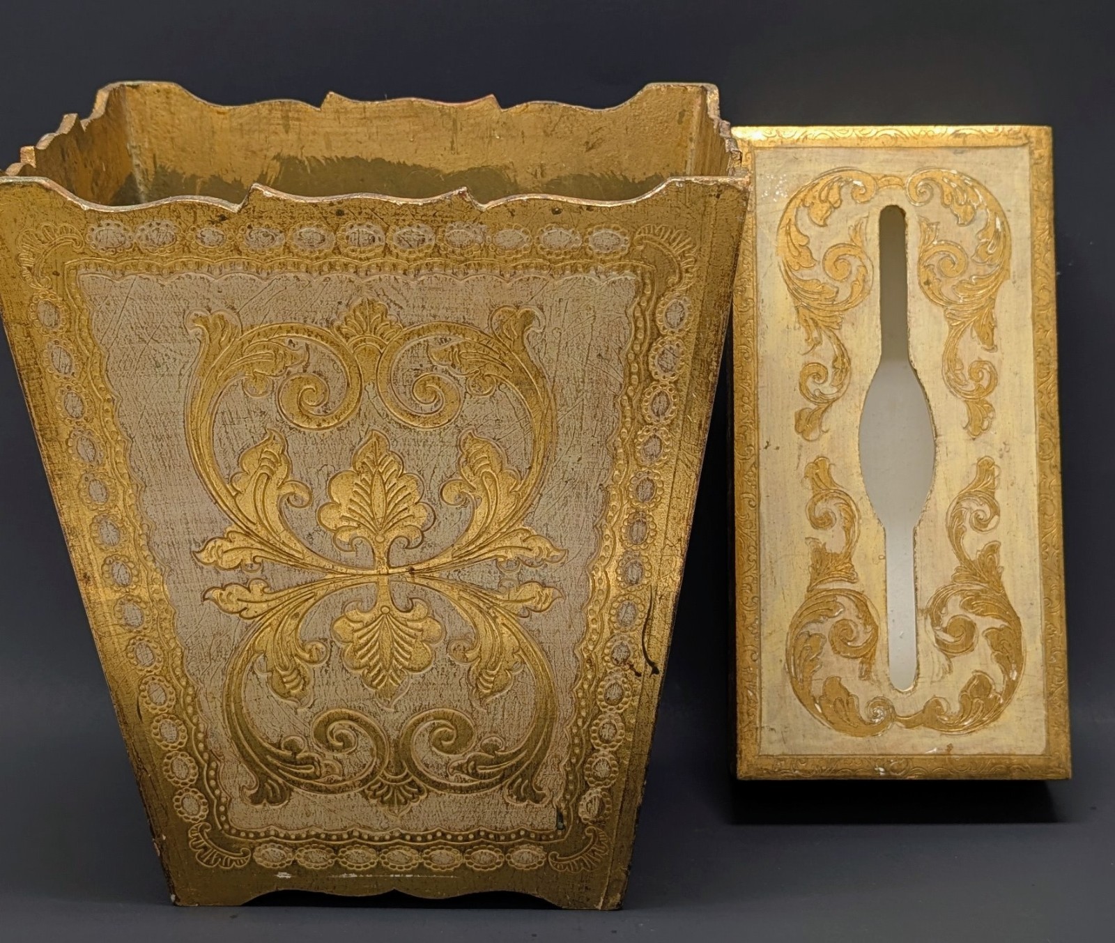 Vintage Italy Italian Florentine Gold Gilt Trash Can Wastebasket & Tissue Box