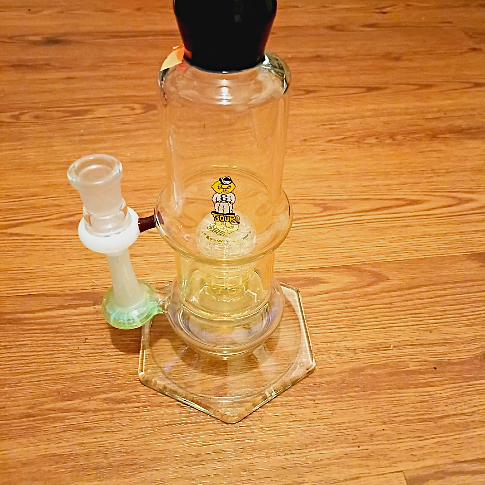 SOUR Yellow & Clear Glass Water Pipe Bong w/ Hex Base, Black Mouthpiece