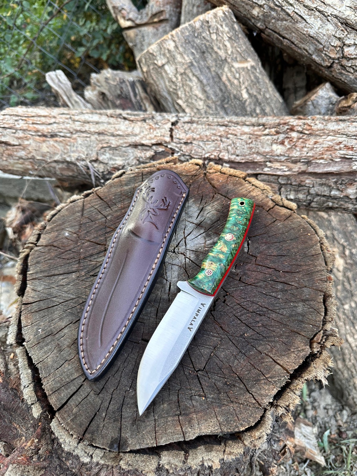 Personalized Wooden Handle Camping Knife with Leather Sheath, Tactical EDC Knife