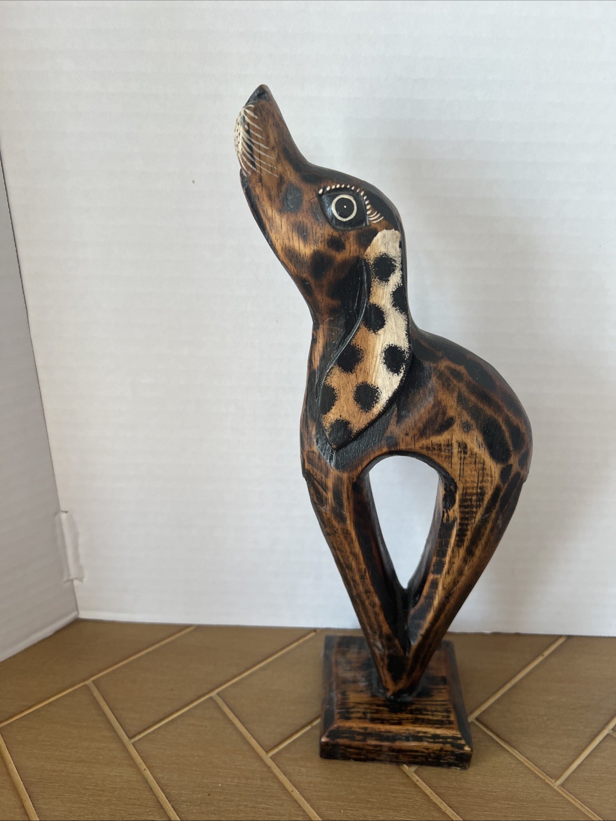 Hand Curved Wooden animal Dog Sculpture Painted Leopard Style Spot on Square Woo