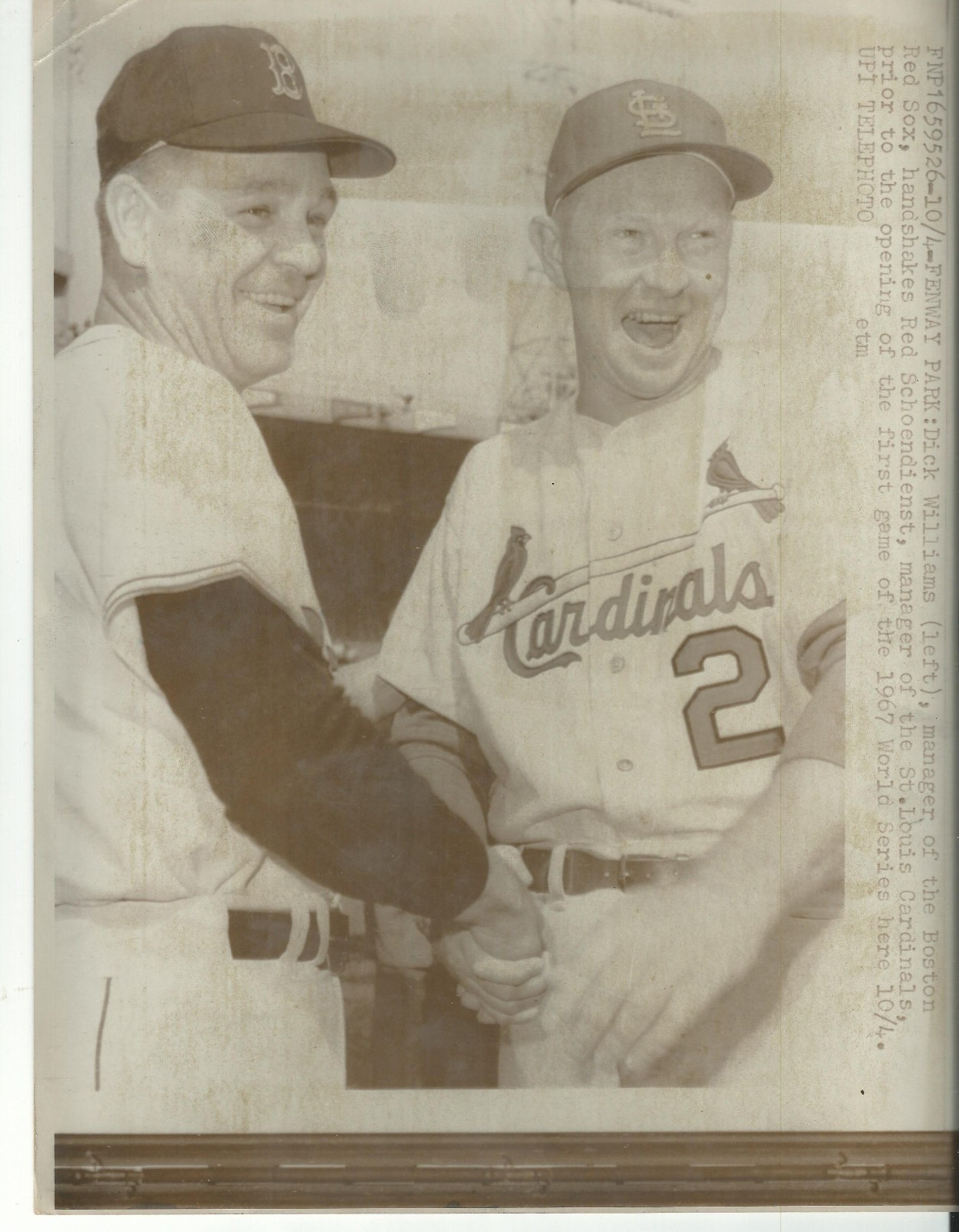 1967 Press Photo World Series Manager Dick Williams Red Schoendienst Shake Hands
