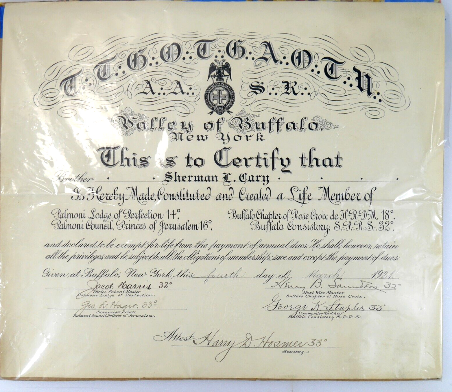 Vintage 1924 Masonic Lodge Certificate Valley of Buffalo New York AASR Palmoni