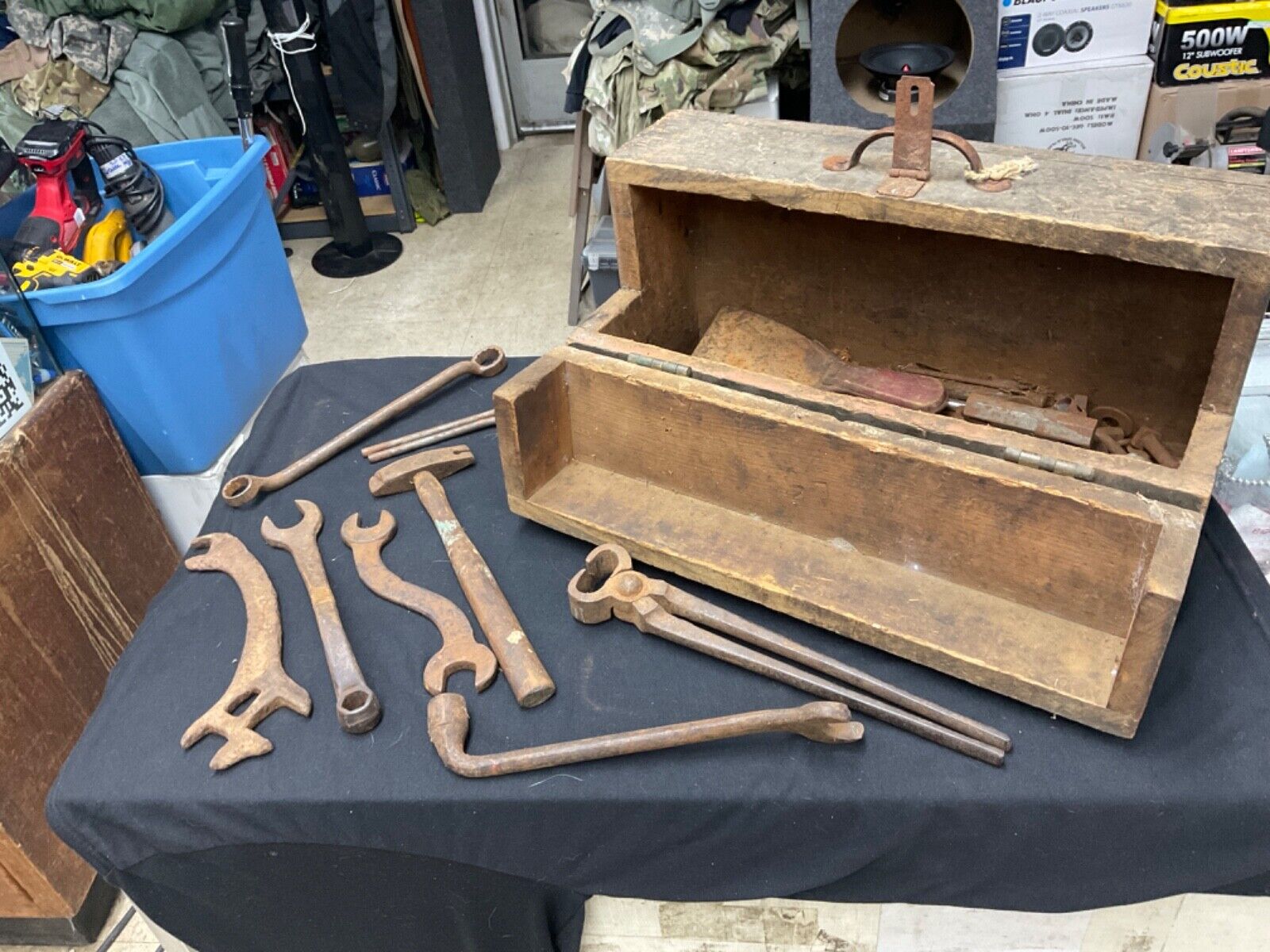 Vintage Hardwood Wooden Tool Chest w/ Tools