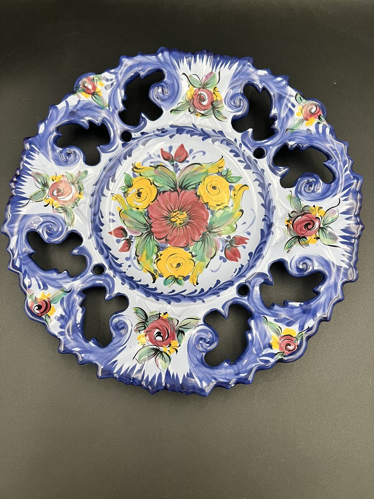 Vestal Alcobaca Hand Painted Floral Roses Wall Plate Made in Portugal 593 Purple