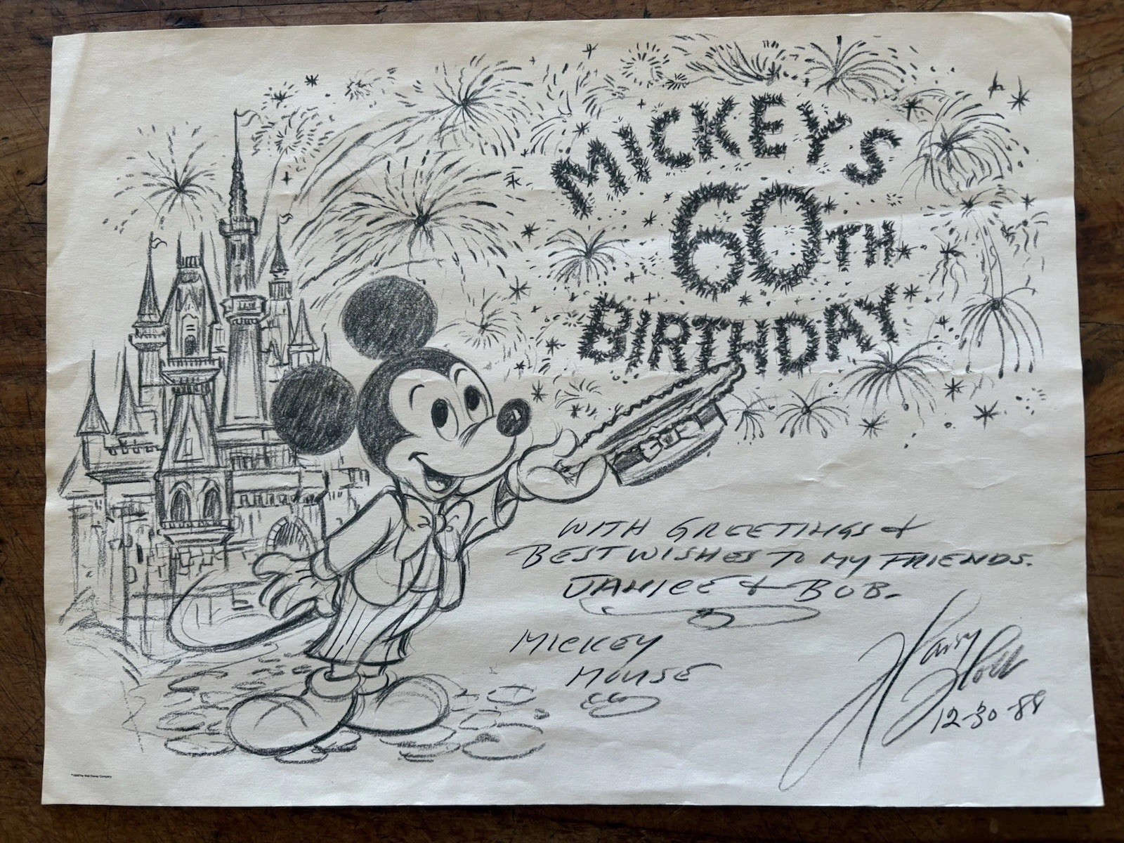 Vintage Disney Mickey’s 60th Birthday Print Signed by Harry Holt 1988 Castle