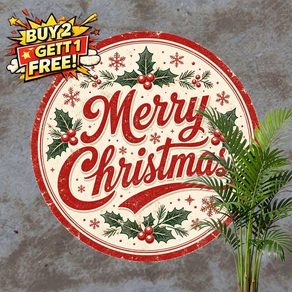 Merry Christmas Vintage Style Heavy Duty Round Metal Sign Wall Decor 8x8
