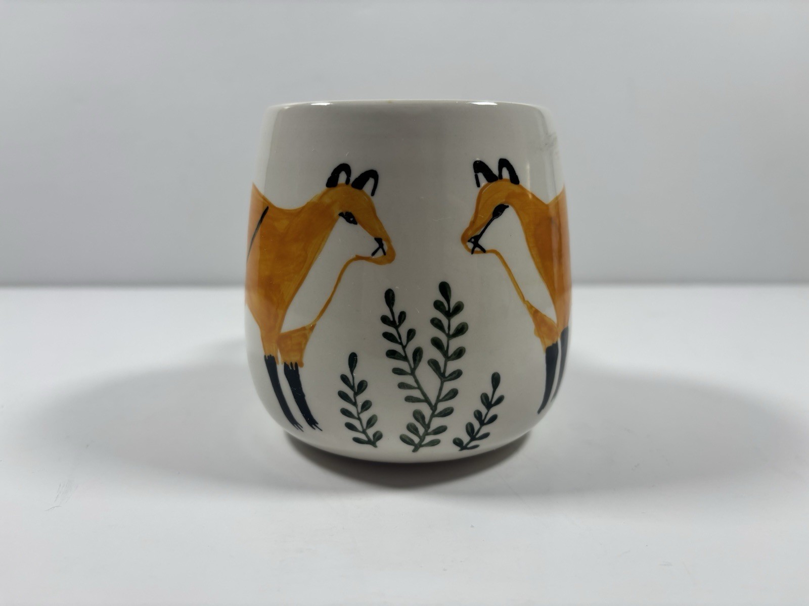 Anthropology Coffee Mug Cup Pair Of Foxes Ceramic Hand Painted EUC Keep Co